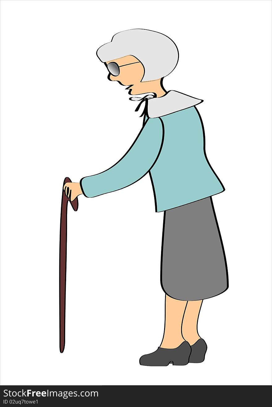 An old lady uses a stick to attain help with the walking. An old lady uses a stick to attain help with the walking.