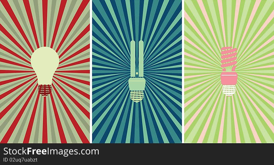 A set of 3 light bulbs with matching backgrounds. Editable  file.