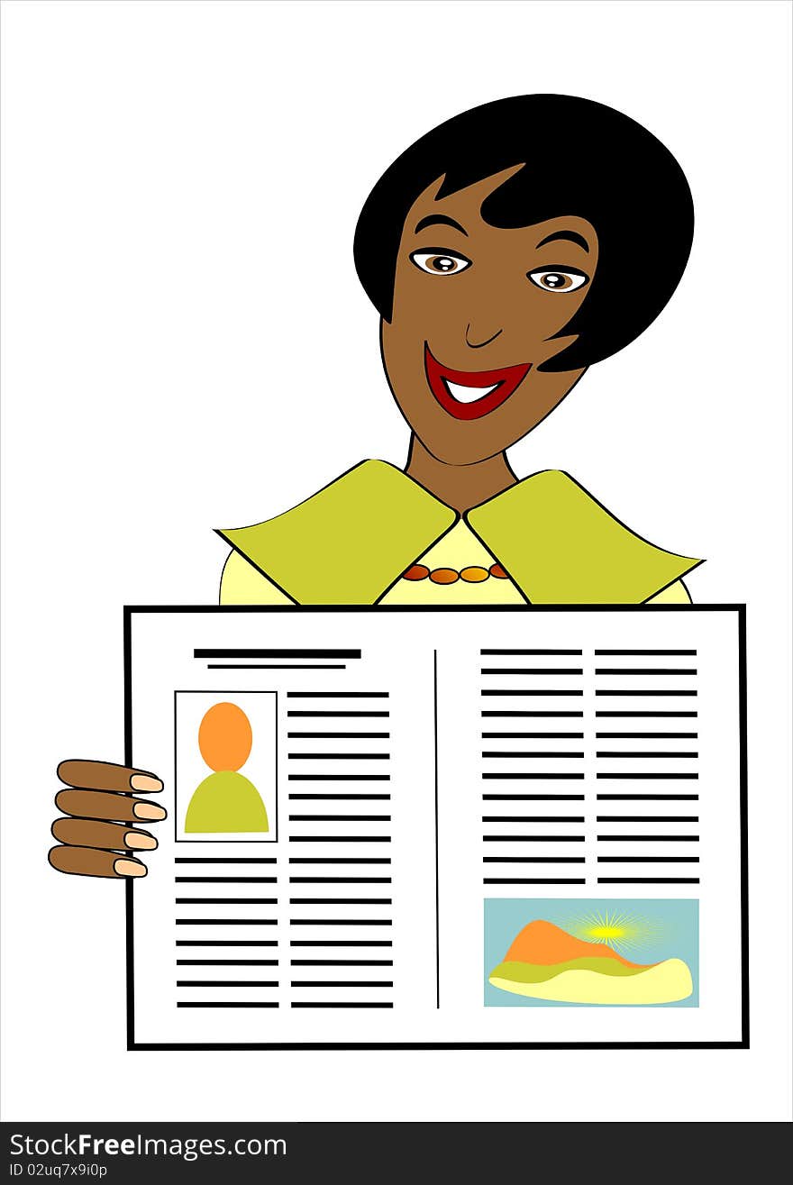 A lady with dark skin colour shows a magazine and, besides, smiles. A lady with dark skin colour shows a magazine and, besides, smiles.