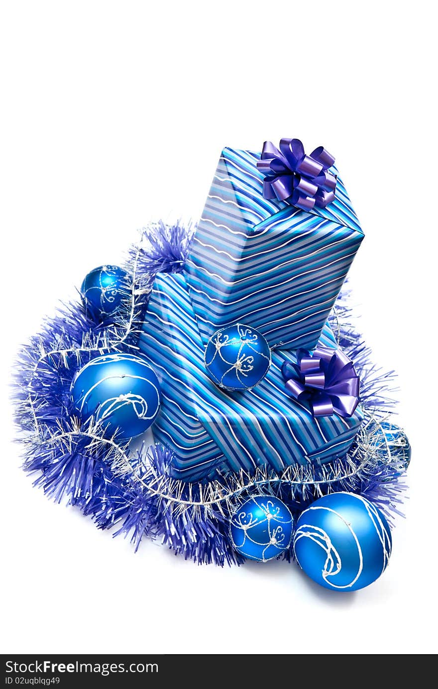 Blue gifts with christmas decoration. Isolated on white. Blue gifts with christmas decoration. Isolated on white