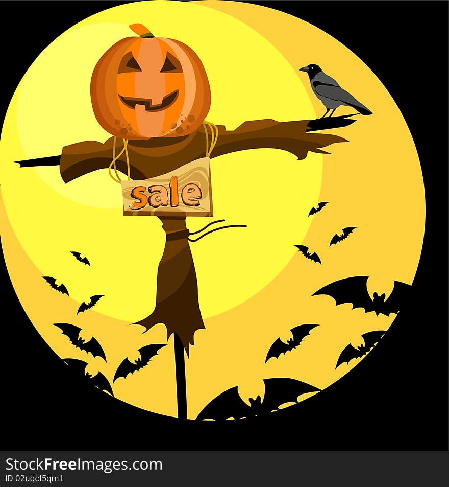 Depicted a scarecrow with a pumpkin head and bats on the eve of Halloveen. Depicted a scarecrow with a pumpkin head and bats on the eve of Halloveen