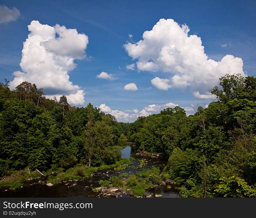 Landscape and cloudscape of river valley