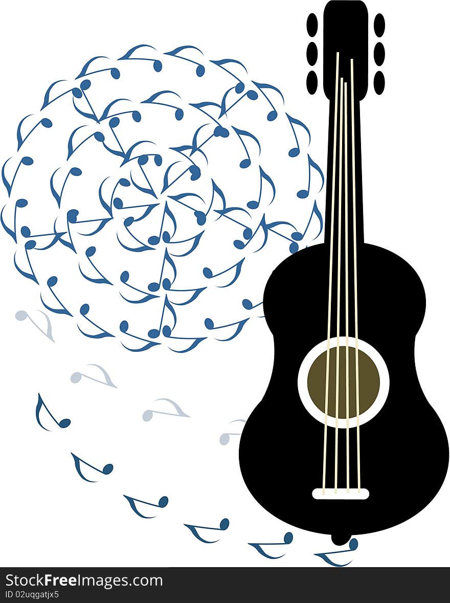 Black guitar and music notes. Black guitar and music notes