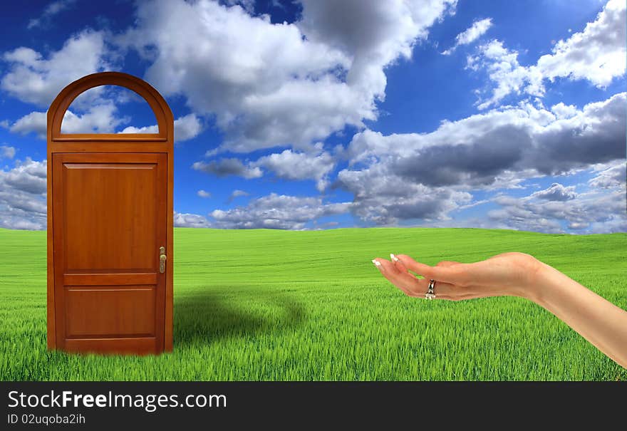 COllage, concept with new land and doors with woman hand. COllage, concept with new land and doors with woman hand