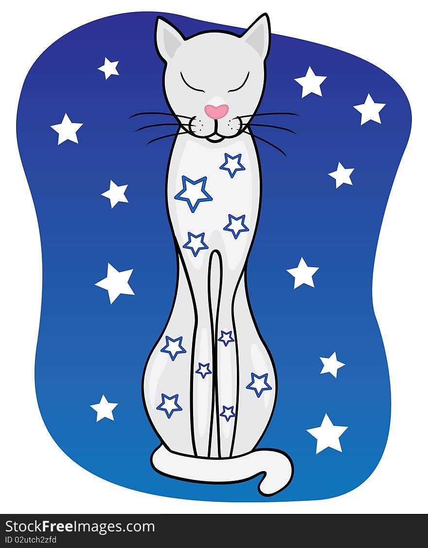 Sleeping white cat with stars on background the night sky. Sleeping white cat with stars on background the night sky