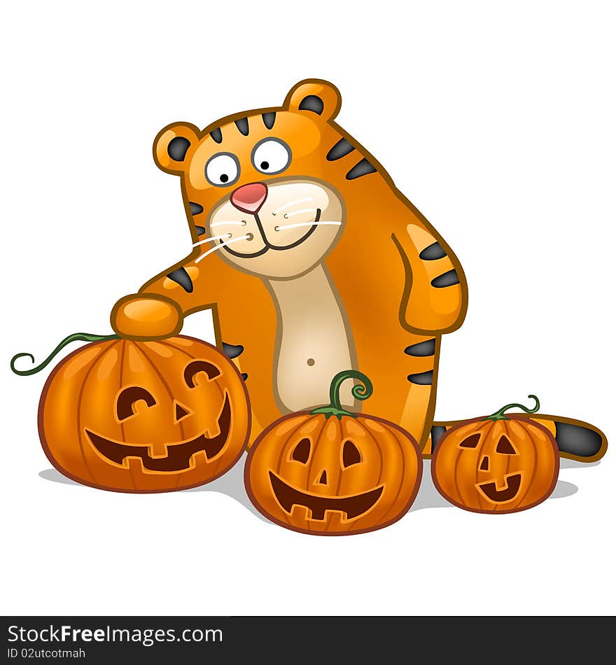 Fun tiger with three pumpkin. Fun tiger with three pumpkin