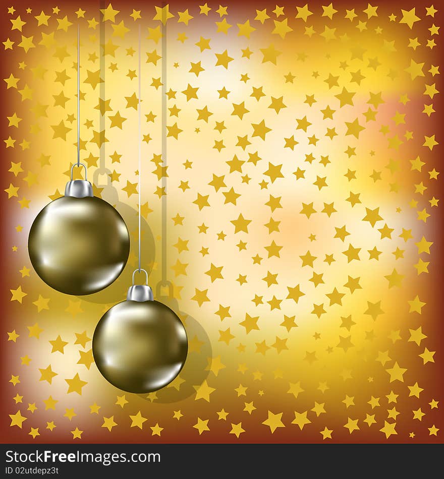 Christmas Golden Balls And Stars Yellow Background