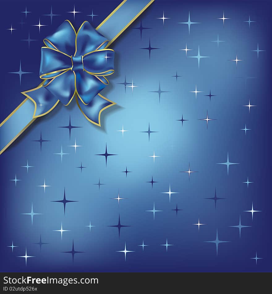 Christmas illustration bow on a stars blue background