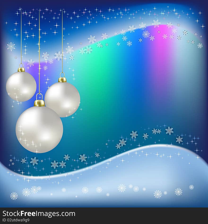 Christmas balls and snowflakes on a blue