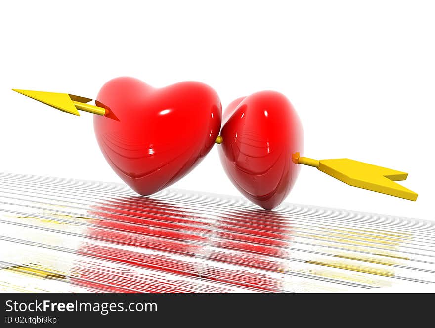 Two hearts pierced by an arrow. 3D image.