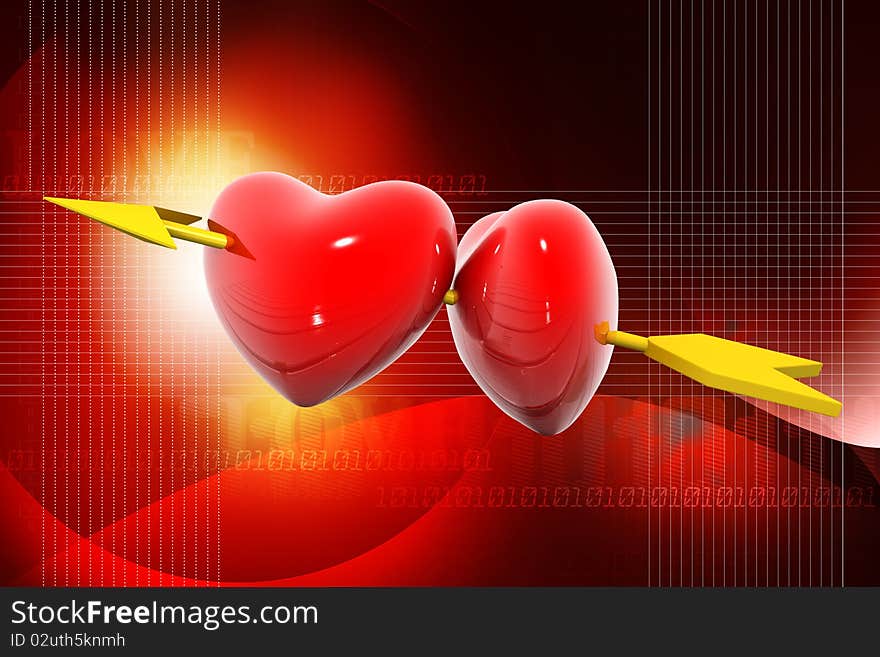 Two hearts pierced by an arrow. 3D image.