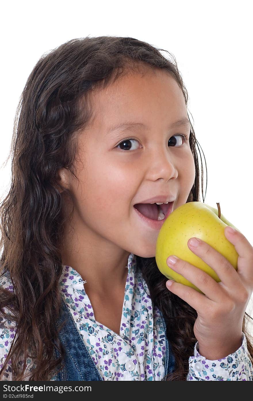 Girl eats apple, healthy food with fruit before white background