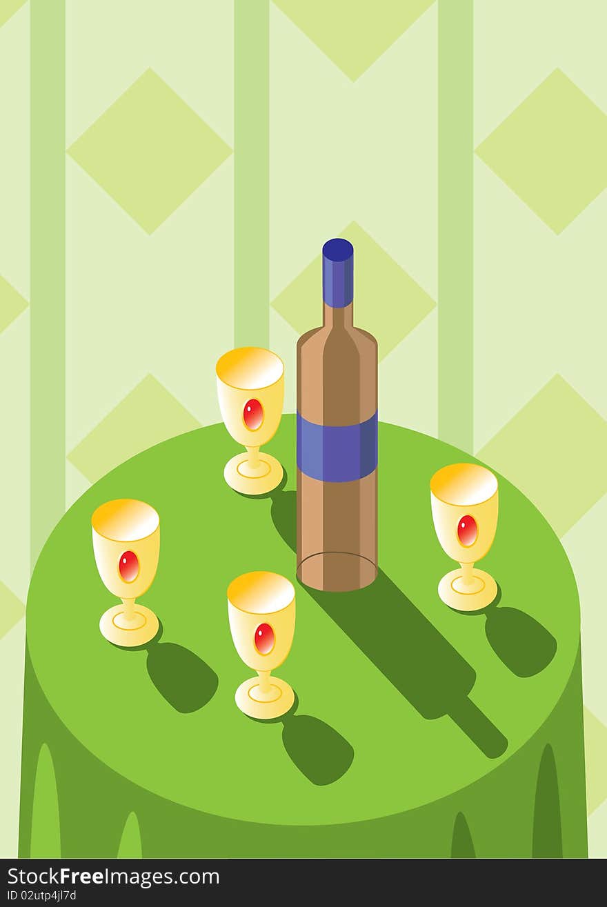 Bottle and golden cups on green table. Vector illustration