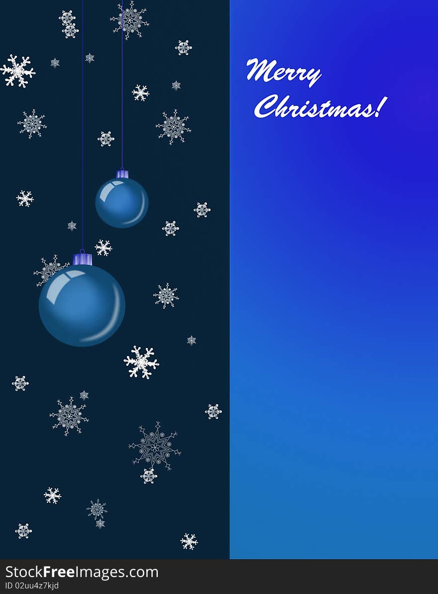 Christmas balls and snowflake on dark and blue bac
