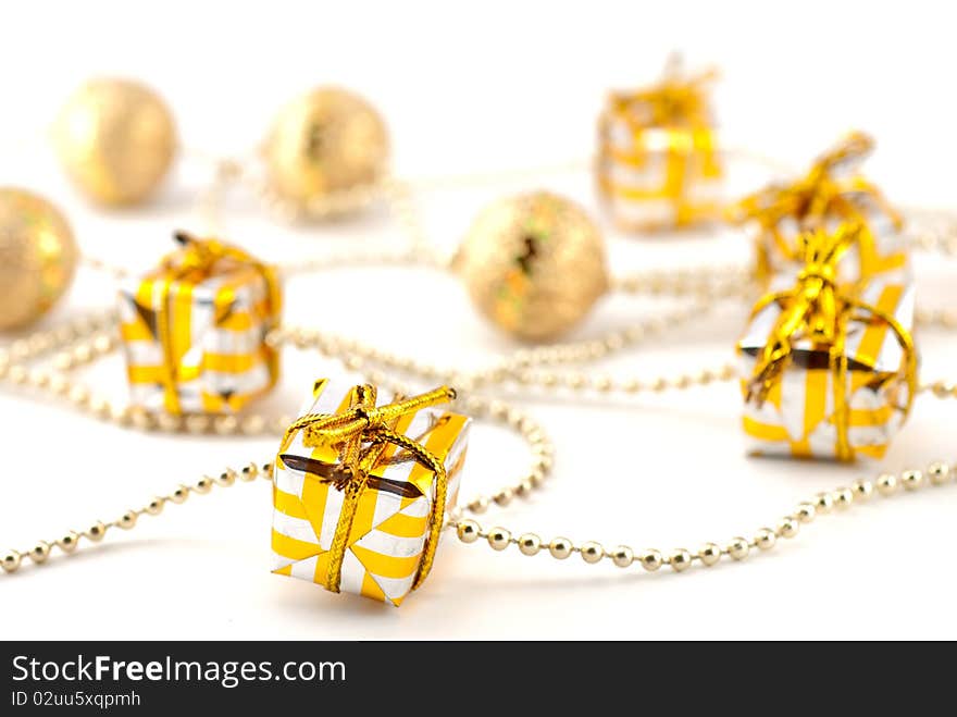 Studio shot of christmas decoration with golden gifts