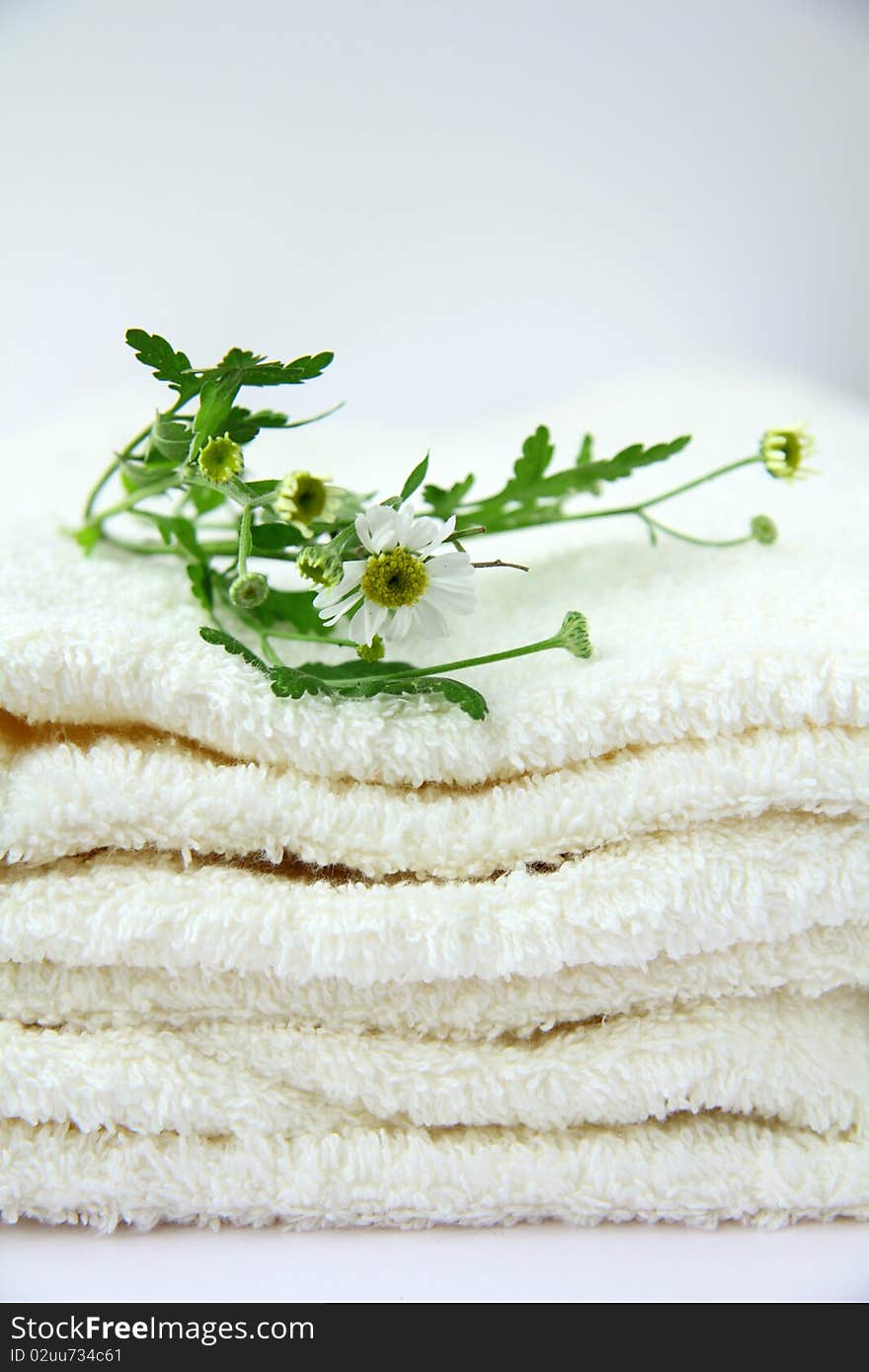 White towel with chamomile flowers on the table