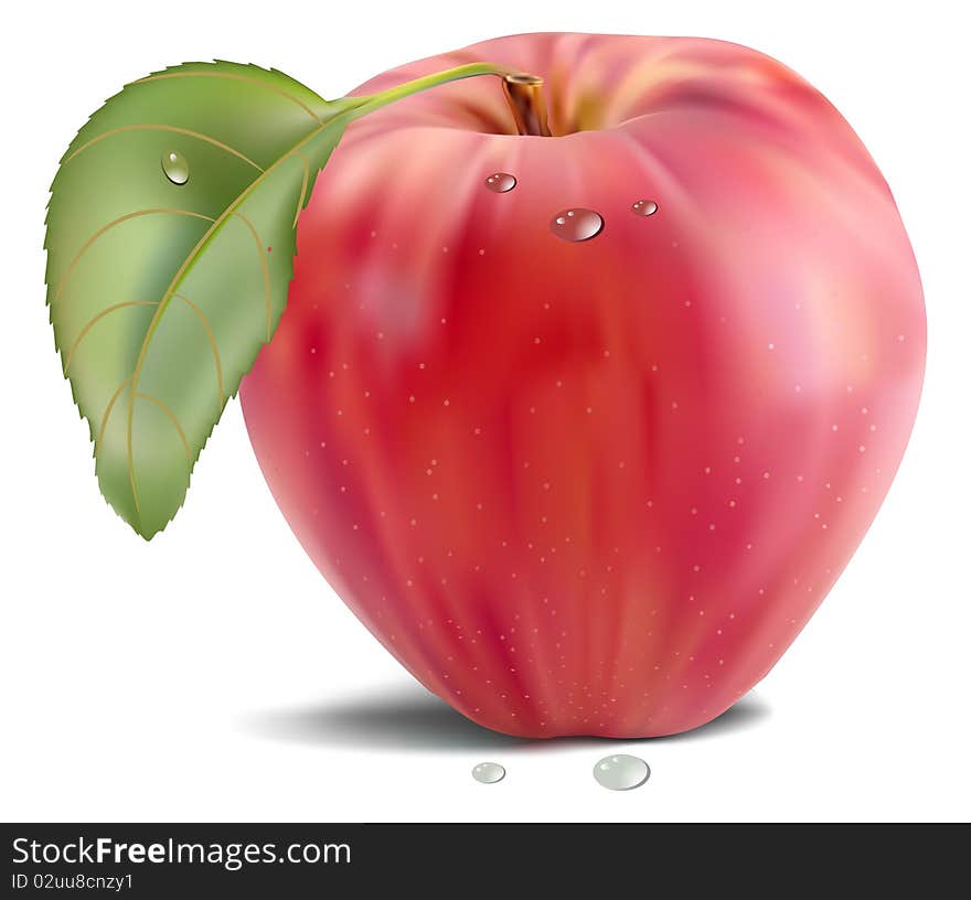 Fresh red apple with green leaf