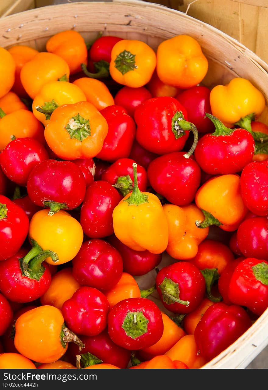 Small yellow, red and orange peppers for sale at a local farmer's market. Small yellow, red and orange peppers for sale at a local farmer's market.