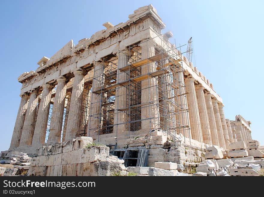 A side front close up view of Parthenon in Athens, Greece. A side front close up view of Parthenon in Athens, Greece