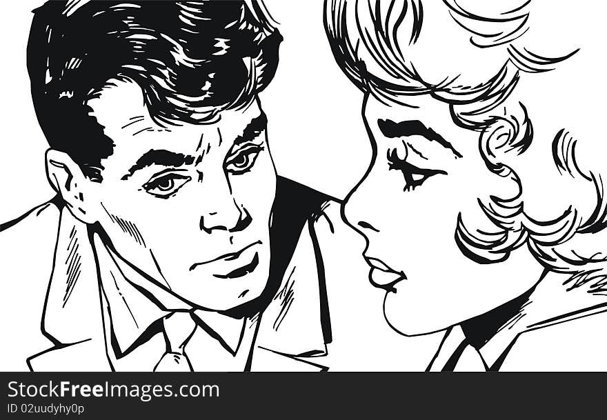 Illustrations of young couples in love, old comic style illustration