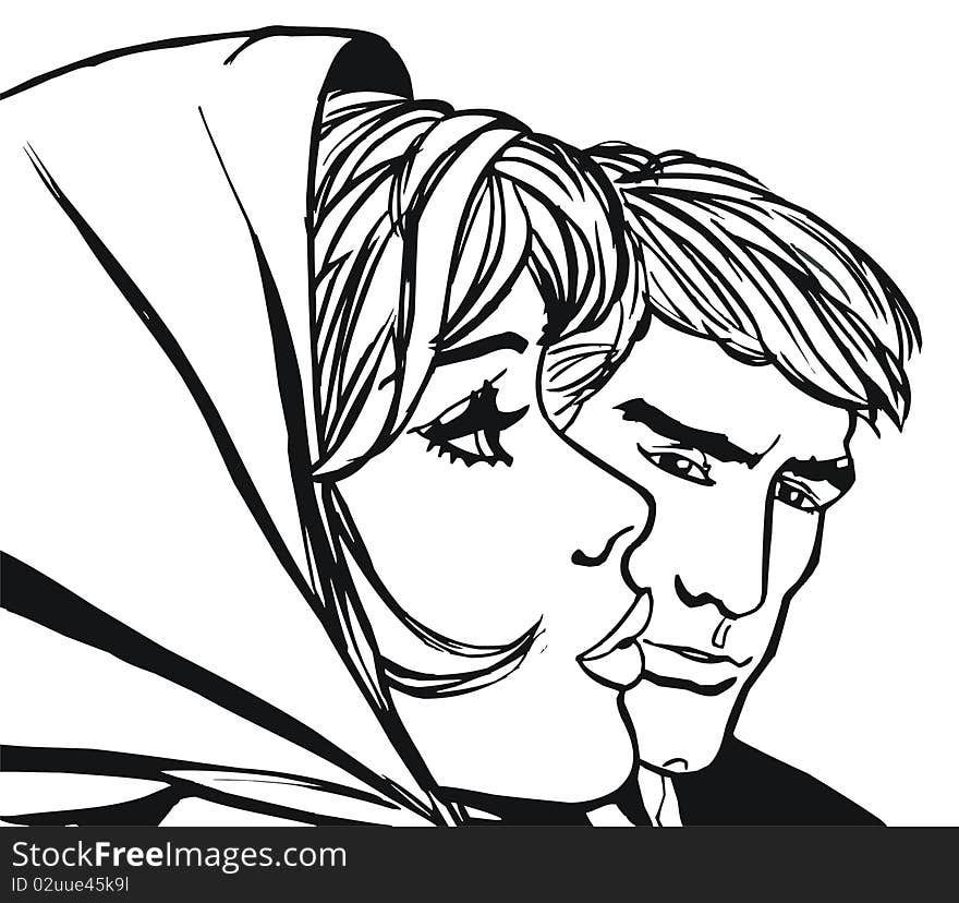 Illustrations of young couples in love, old comic style illustration