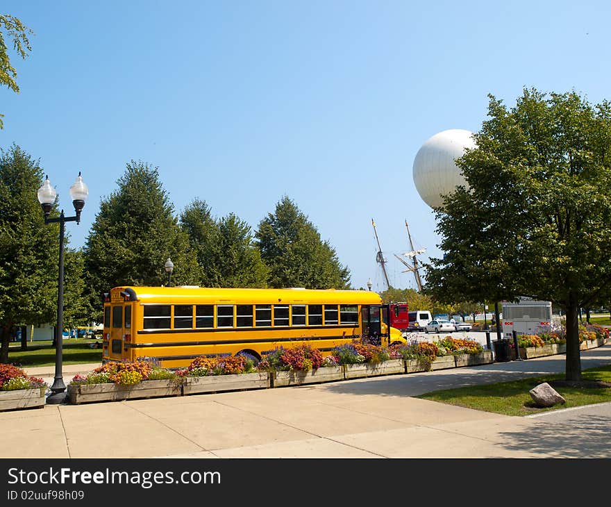 School Yellow Bus in Chicago, parked near the Navy Pier