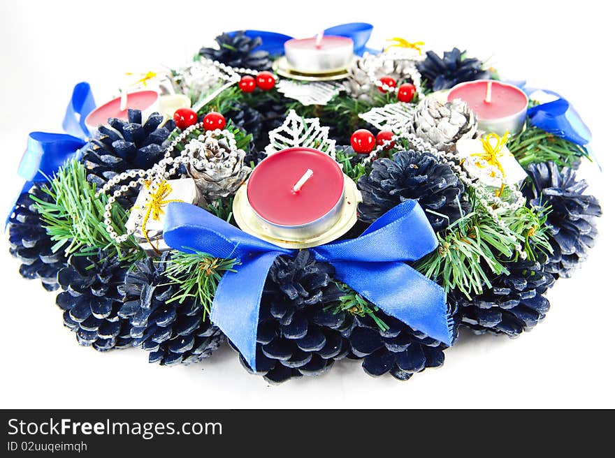 Christmas wreath isolated cone candles red blue