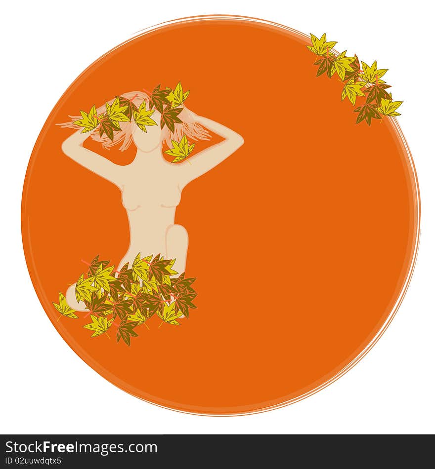 The card with woman silhouette and leafs on a orange background. The card with woman silhouette and leafs on a orange background