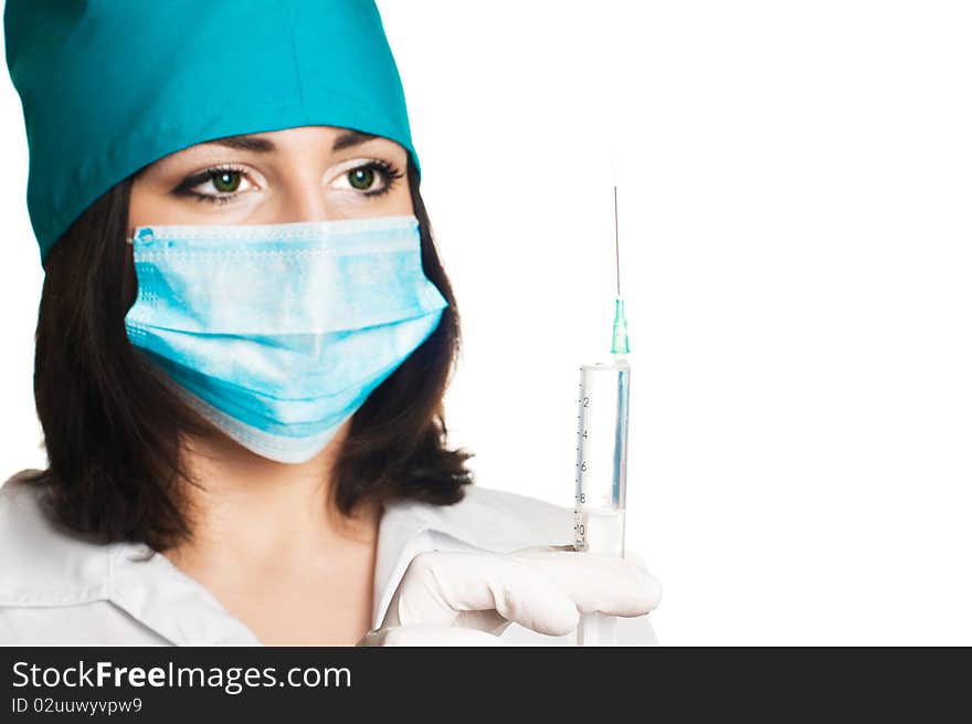 Portrait of doctor with syringe in hand isolated on white