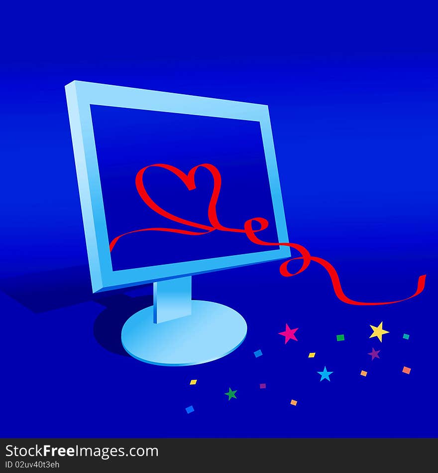 Ribbon and heart in the monitor of the computer. Ribbon and heart in the monitor of the computer