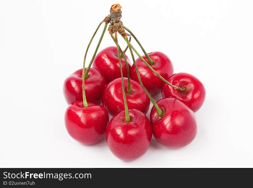 Ripe fresh sweet cherry with stem close-up