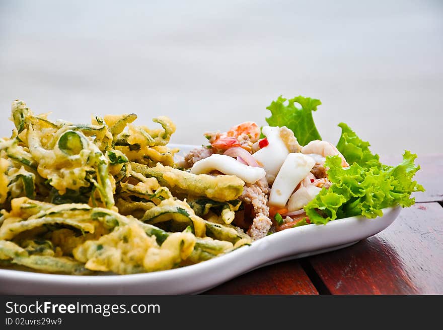 Thai food - Seafood Spicy salad with fried vegetable