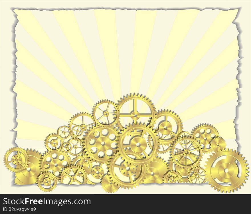 Assorted Brass Gears on a Torn Paper Background. Assorted Brass Gears on a Torn Paper Background