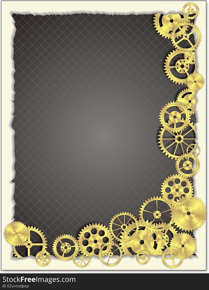 Assorted Brass Gears on a Torn Paper Background. Assorted Brass Gears on a Torn Paper Background