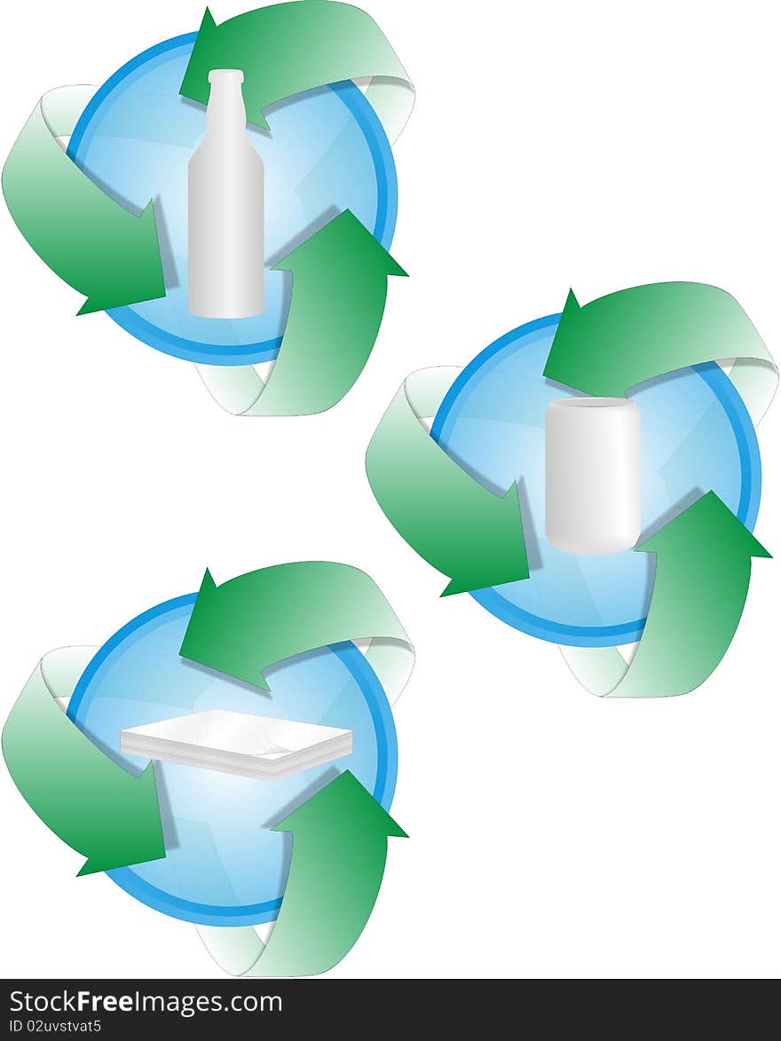 Recycling Icons for Bottles Cans and Paper. Recycling Icons for Bottles Cans and Paper