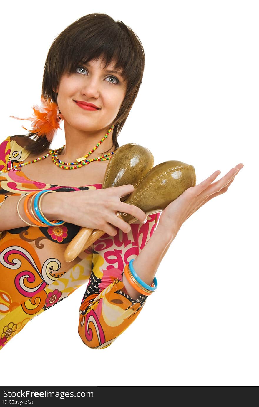 Beauty girl with maracas on white background. Beauty girl with maracas on white background