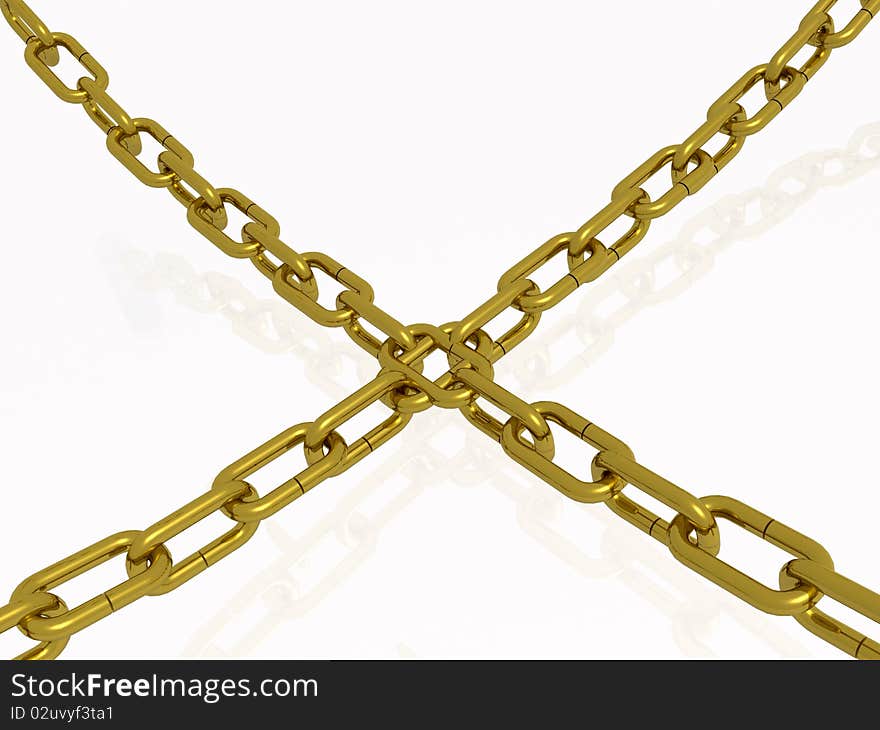 Gold chains with common central link, white background.