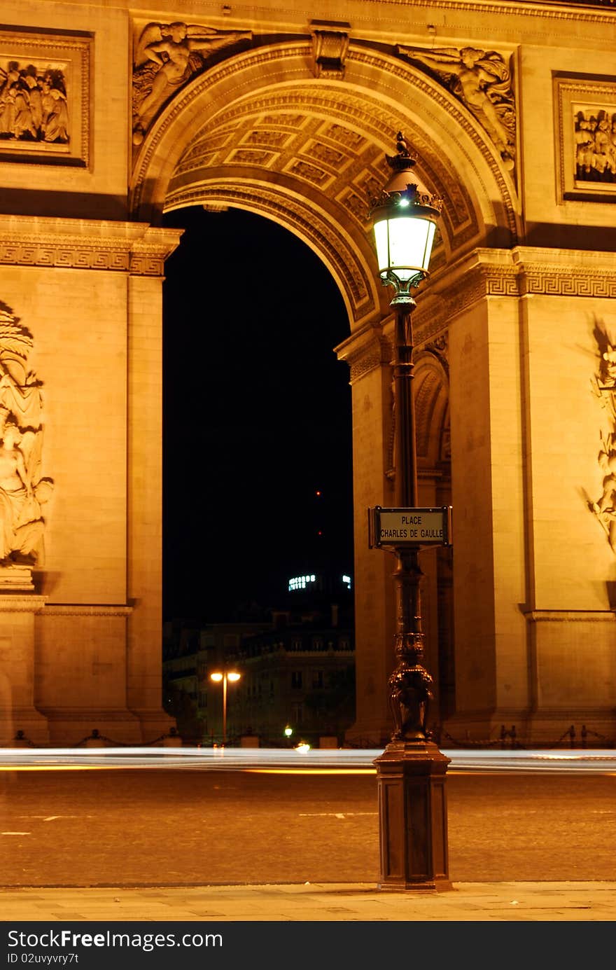 A detail of arc of triumph by night