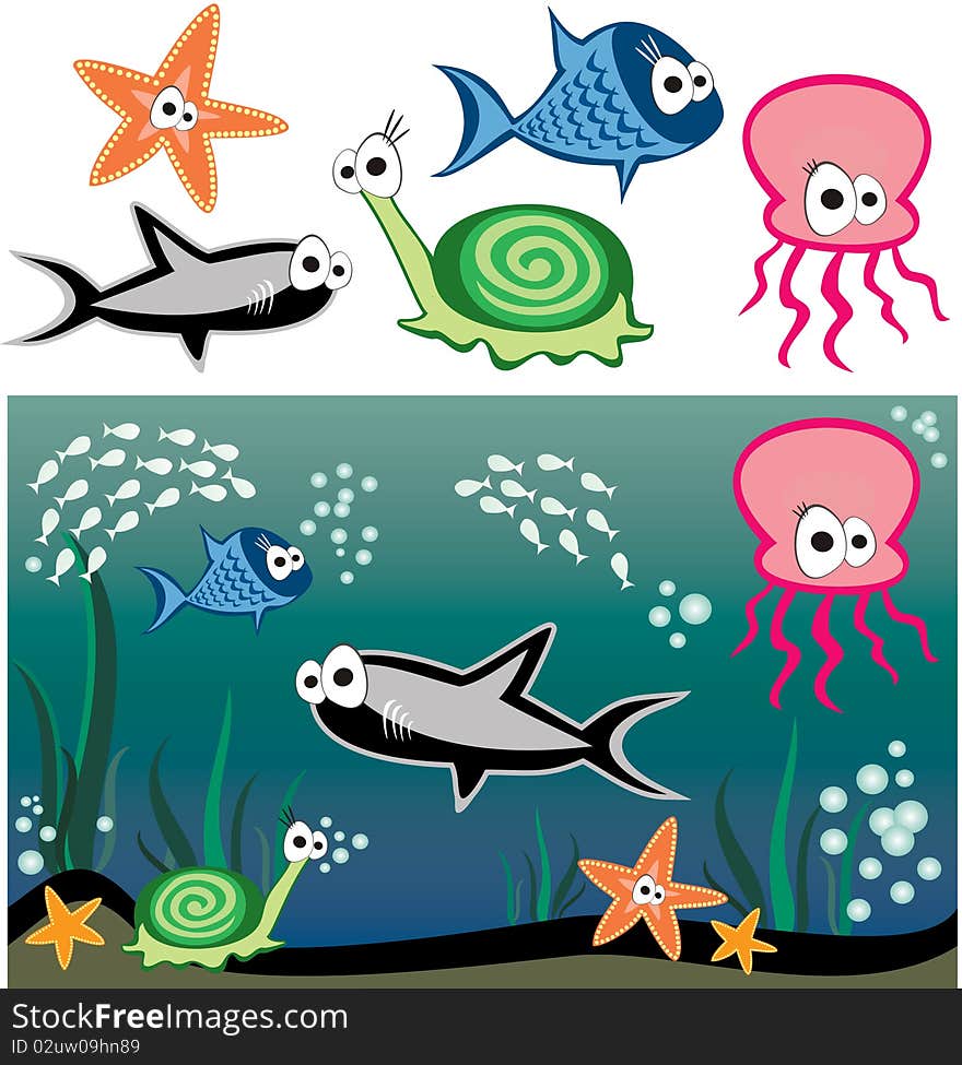 Vector fish under water - shark, snail, starfish, octopus and others fishes. Vector fish under water - shark, snail, starfish, octopus and others fishes