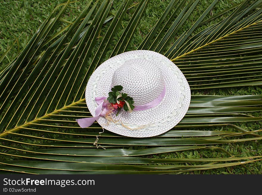 White hat on a palm leaf, symbol for holidays, relaxation in sunny, tropical places. White hat on a palm leaf, symbol for holidays, relaxation in sunny, tropical places