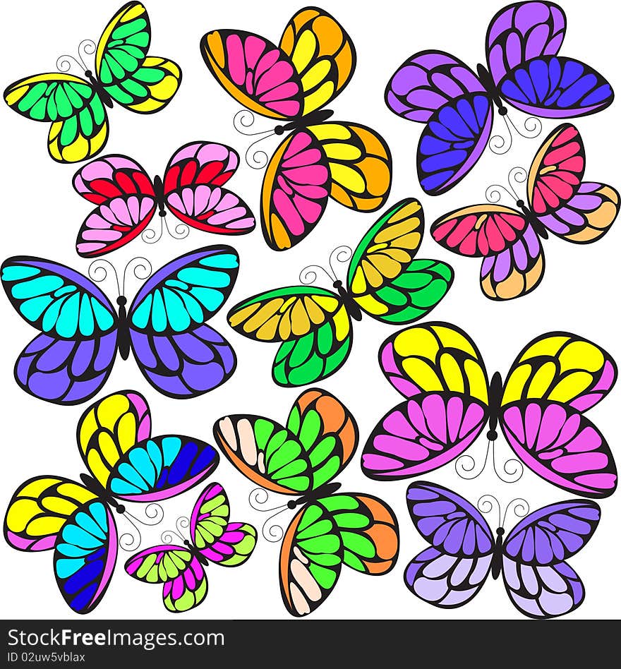 Many multi-colored butterflies on a white background