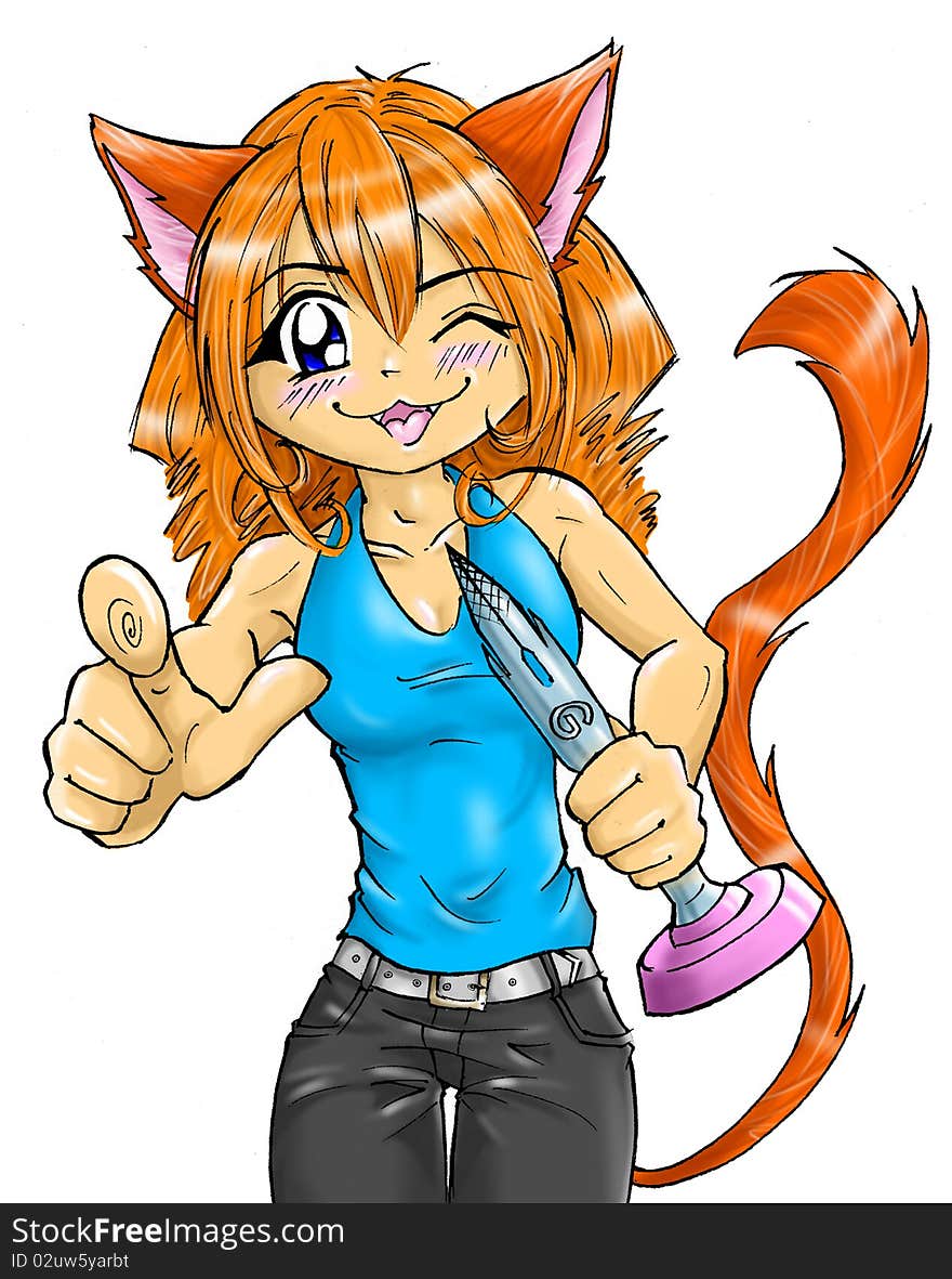 The neko-girl with a cup in a hand, a raster. The neko-girl with a cup in a hand, a raster