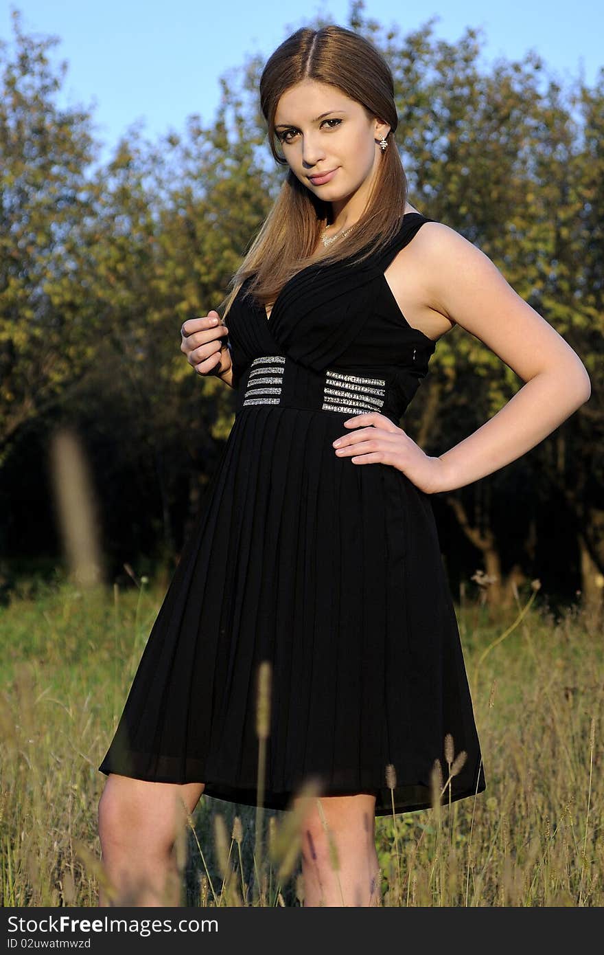 White young model posing in black dress in fall season. White young model posing in black dress in fall season