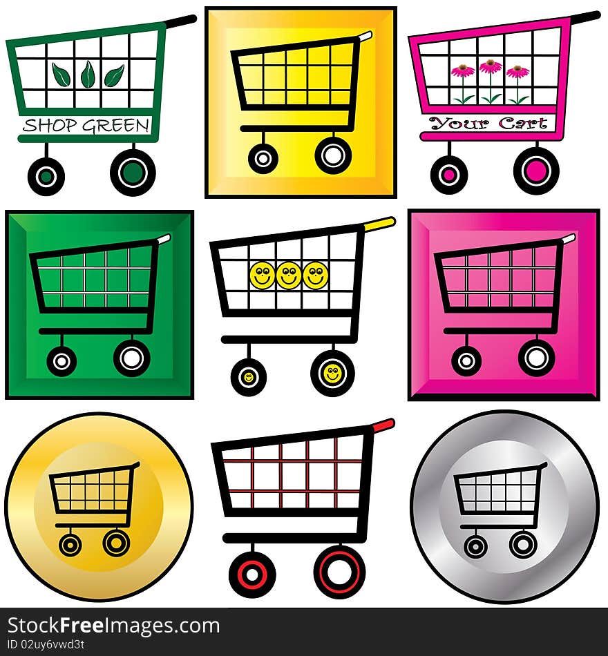 Set of nine different colorful shopping carts with some on keyboard buttons. Set of nine different colorful shopping carts with some on keyboard buttons.