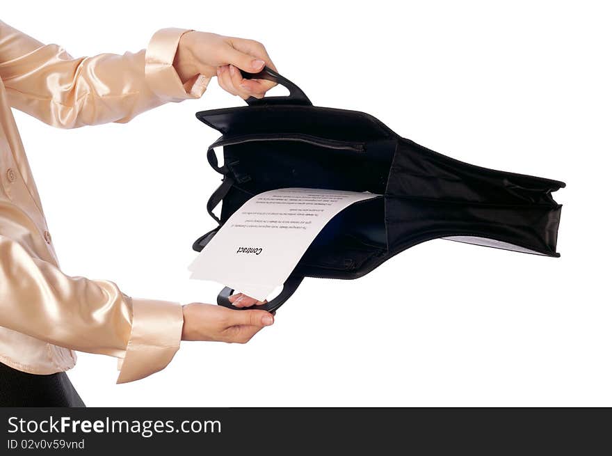 Suitcase with blank contracts for new employees. Suitcase with blank contracts for new employees