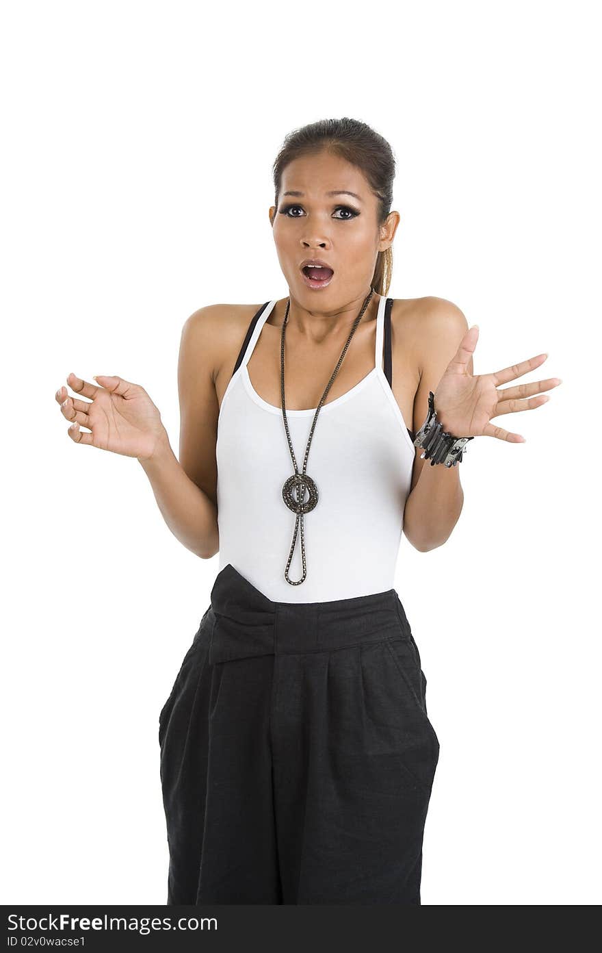 Beautiful shocked woman on white background