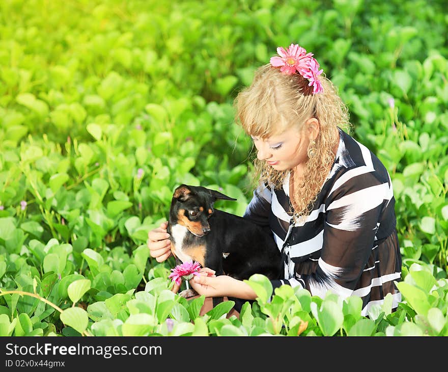 Beautiful young woman with her pet dog outdoor. Beautiful young woman with her pet dog outdoor