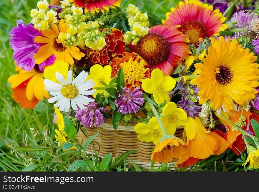 Beautiful flowers in a basket close up