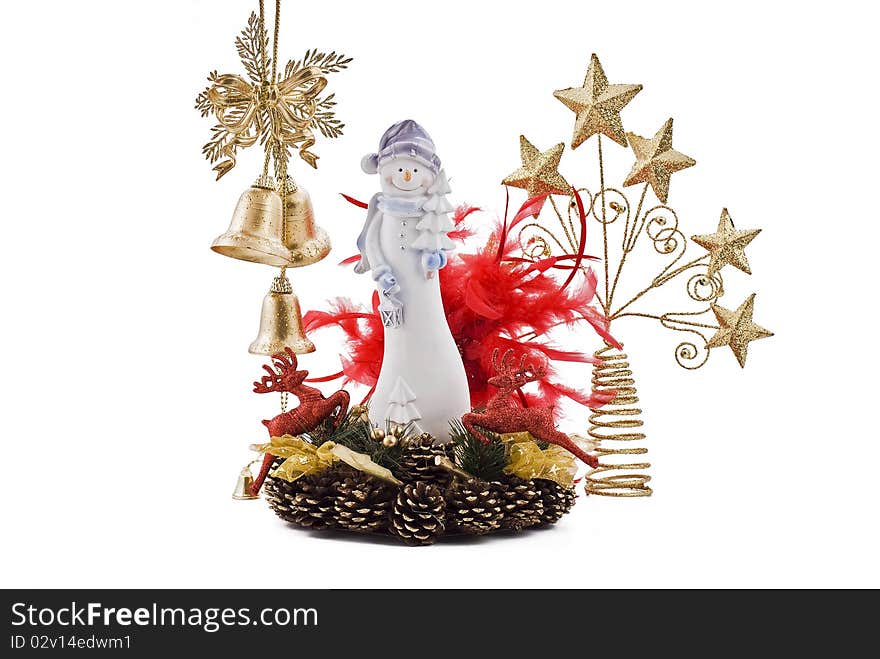 Christmas snowmans with golden bells and golden stars on the cones decoration