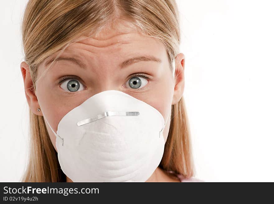 Young woman with protecting mask, white background